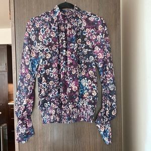 Ramy Brook long sleeved, purple, tie neck, sheer chiffon sleeves, size Medium.